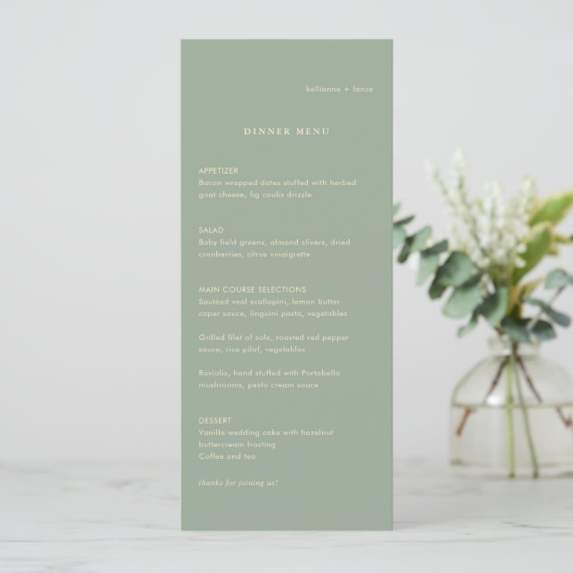 Modern Sage Green Simple Wedding Menu (Standing Front)