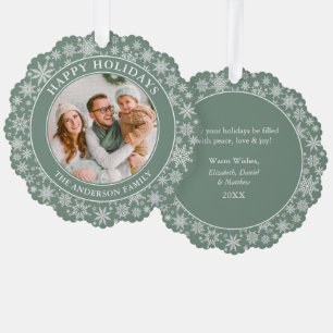 Modern Sage Green Snowflakes Happy Holidays Photo Tree Decoration Card