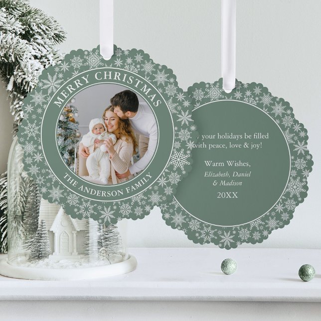Modern Sage Green Snowflakes Merry Christmas Photo Tree Decoration Card (A greeting card that is also an ornament! Customize with your photo and personalized text.)