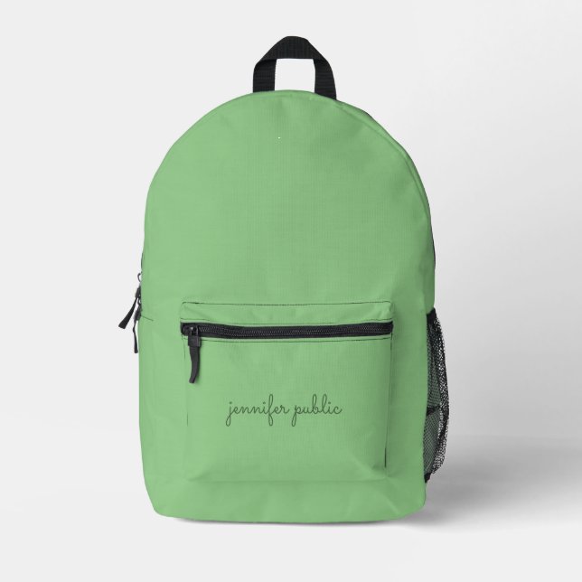Modern Sage Green Solid Colour Elegant Script Name Printed Backpack (Front)