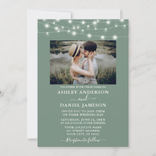 Modern Sage Green String Lights Photo Wedding Invitation