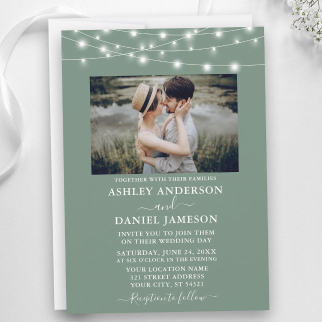Modern Sage Green String Lights Photo Wedding Invitation (Customize to add more text to back of card.)