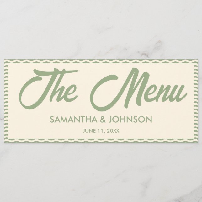 Modern Sage Green Stripe Wedding Dinner Menu Card (Front)