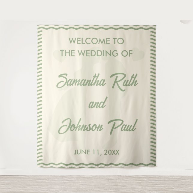 Modern Sage Green Stripe Wedding Welcome Backdrop Tapestry (Front)