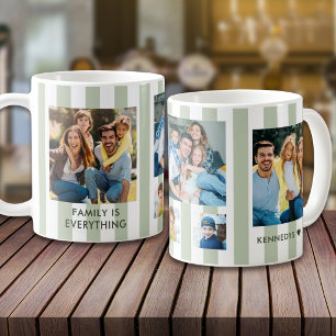 Modern Sage Green Stripes 5 Photo Collage Family Coffee Mug