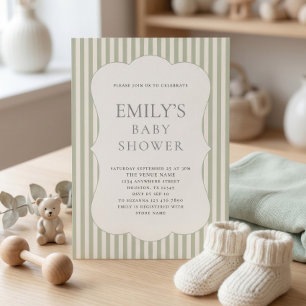 Modern Sage Green Stripes Baby Shower Invitation