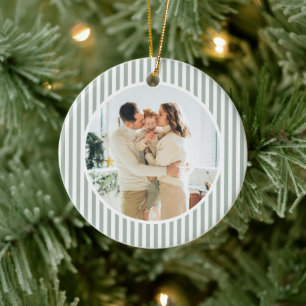 Modern Sage Green Stripes Christmas Family Photo Ceramic Tree Decoration
