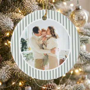 Modern Sage Green Stripes Christmas Family Photo Ceramic Tree Decoration