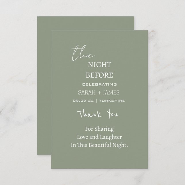 Modern Sage Green the Night Before Wedding  Thank You Card (Front/Back)