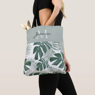 Modern Sage Green Tropical Leaf Monogram Tote Bag