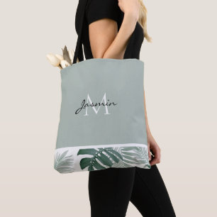 Modern Sage Green Tropical Leaf Monogram Tote Bag