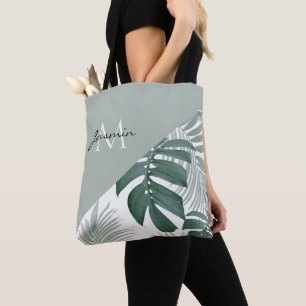 Modern Sage Green Tropical Leaf Monogram Tote Bag
