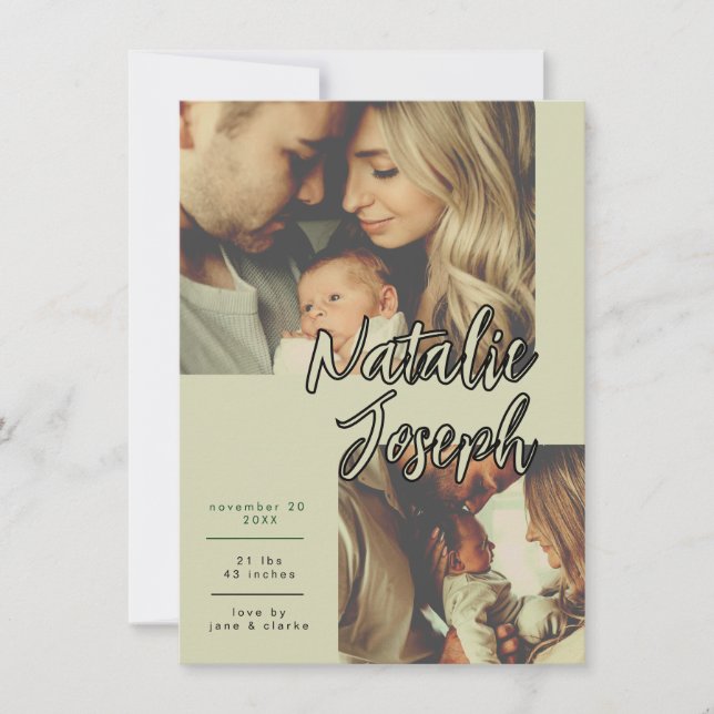 Modern Sage Green Unique Script Birth Announcement (Front)