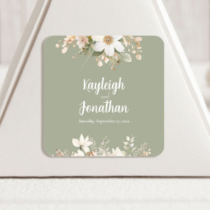 Modern Sage Green Watercolor Floral Wedding Square Sticker