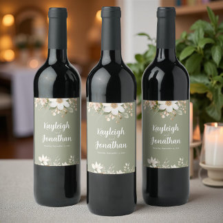 Modern Sage Green Watercolor Floral Wedding Wine Label
