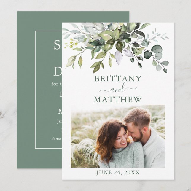 Modern Sage Green Watercolor Greenery Photo Save The Date (Front/Back)