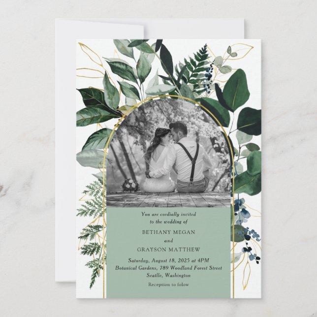 Modern Sage Green  Watercolor Leaves photo wedding Invitation (Front)