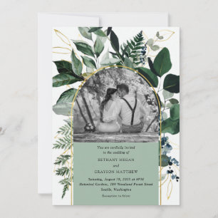 Modern Sage Green Watercolor Leaves photo wedding Invitation