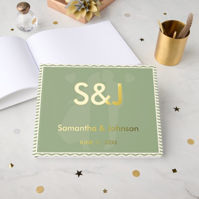 Modern Sage Green Wavy Stripe Monogram Wedding Guest Book (Front Open)