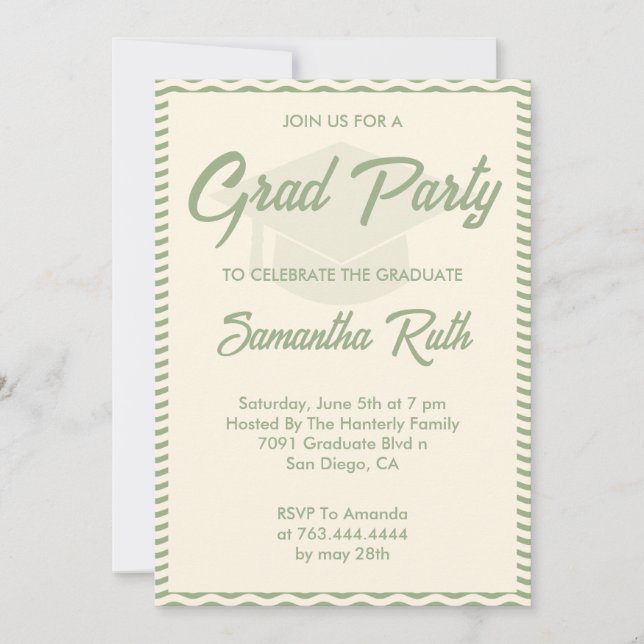 Modern Sage Green Wavy Stripe Photo Graduation Invitation (Front)
