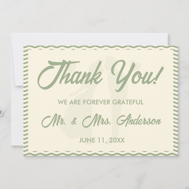 Modern Sage Green Wavy Stripe Photo Wedding Thank You Card (Front)