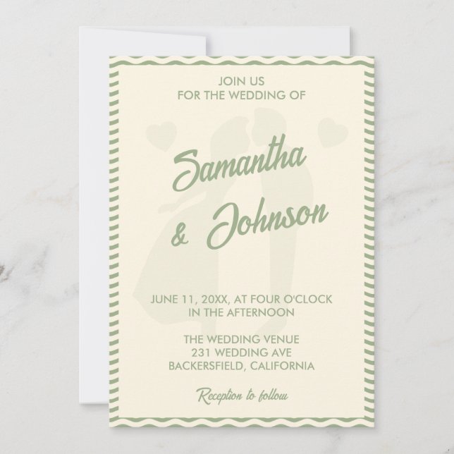 Modern Sage Green Wavy Stripe QR Code Wedding Invitation (Front)