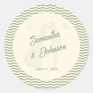 Modern Sage Green Wavy Stripe Wedding Classic Round Sticker