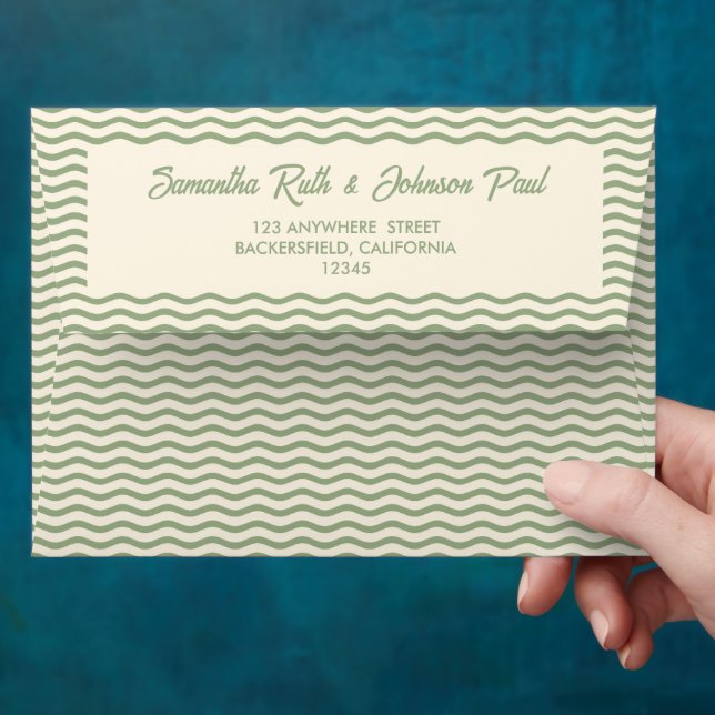 Modern Sage Green Wavy Stripe Wedding  Envelope (Hand)