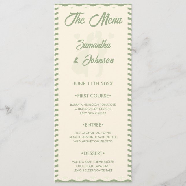 Modern Sage Green Wavy Stripe Wedding Menu Card (Front)