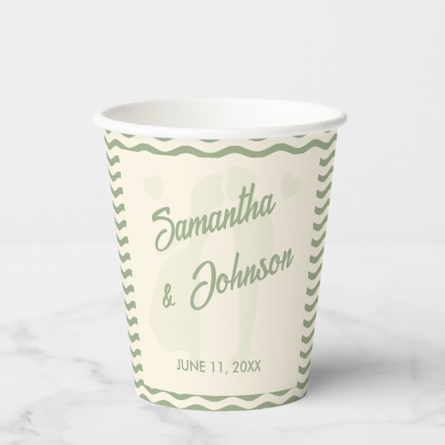 Modern Sage Green Wavy Stripe Wedding Paper Cups (Front)