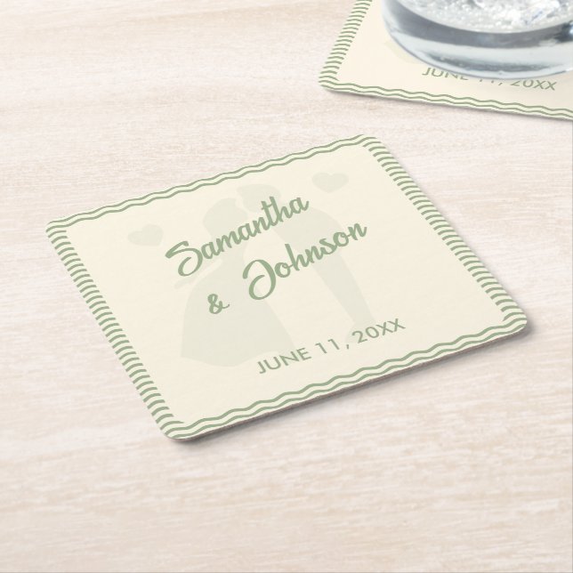 Modern Sage Green Wavy Stripe Wedding Square Paper Coaster (Angled)