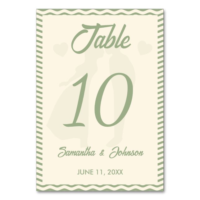 Modern Sage Green Wavy Stripe Wedding Table Number (Front)