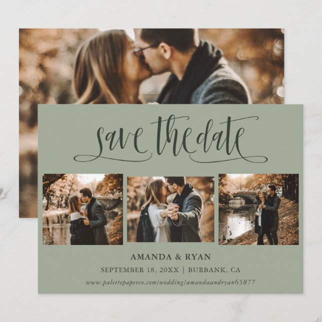 Modern Sage Green Wedding 4 Photo Save The Date (Front/Back)
