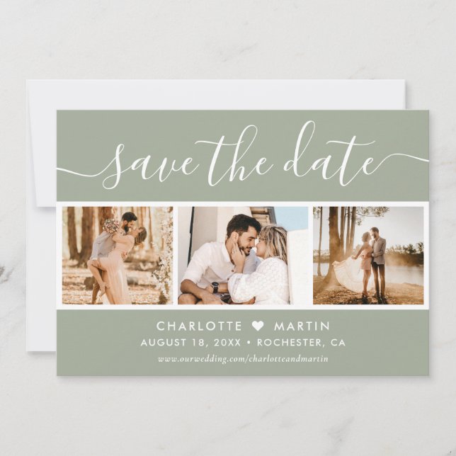 Modern Sage Green Wedding 4 Photo Save The Date (Front)