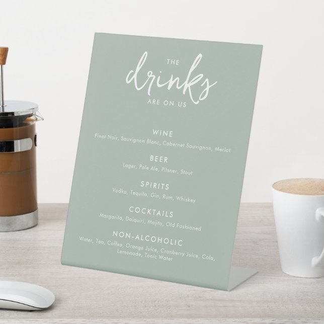 Modern Sage Green Wedding Bar Menu Pedestal Sign (In SItu)