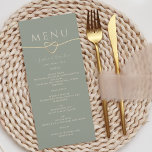 Modern Sage Green Wedding Menu with Heart<br><div class="desc">Stylish sage green wedding menu featuring a minimalist layout with an elegant gold rope heart design. Easily customizable with your own courses,  names,  and wedding date. A refined touch to your wedding reception table that pairs perfectly with romantic,  boho,  or modern themes.</div>