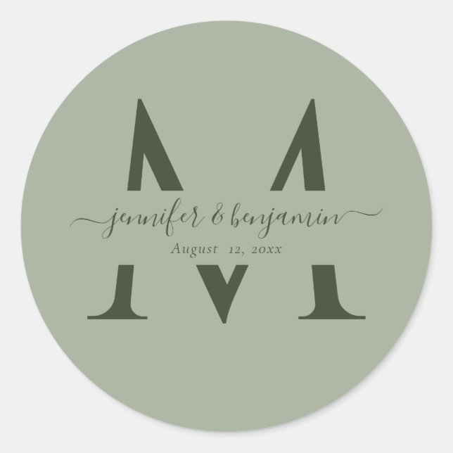 Modern Sage Green Wedding Monogram Envelope Seals (Front)