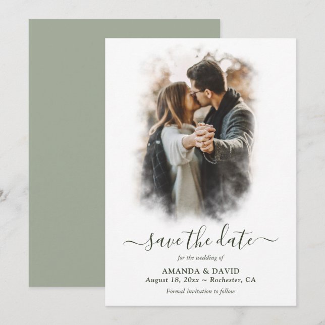 Modern Sage Green Wedding Photo Save The Date (Front/Back)