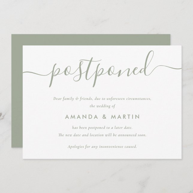 Modern Sage Green Wedding Postponement Announcement (Front/Back)