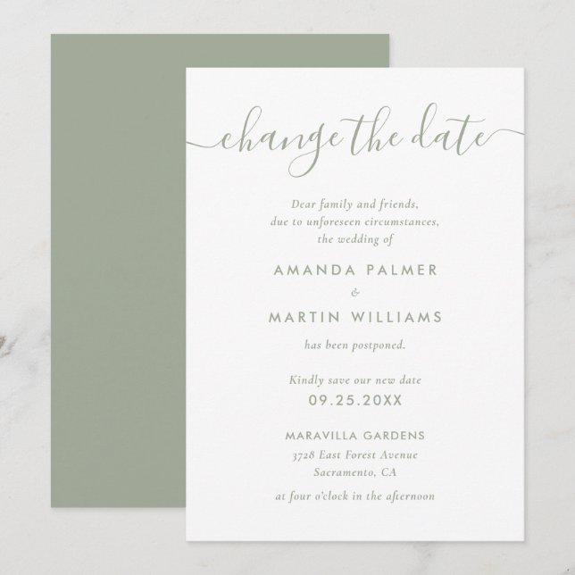 Modern Sage Green Wedding Postponement Announcement (Front/Back)