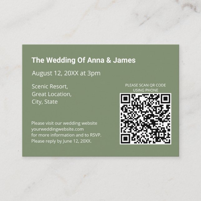 Modern Sage Green Wedding QR Code Enclosure Card (Front)
