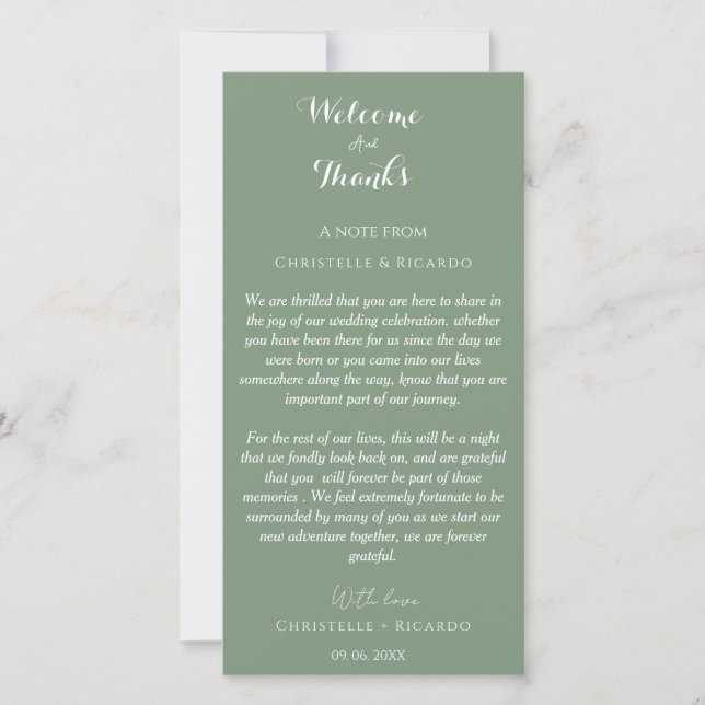 Modern sage green Welcome & thank you Wedding note (Front)
