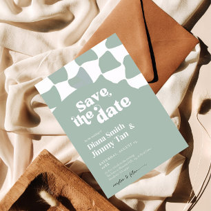Modern Sage Green White Chequerboard Save the Date Invitation