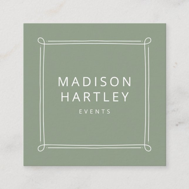 Modern Sage Green & White Decorative Frame Square Business Card (Front)