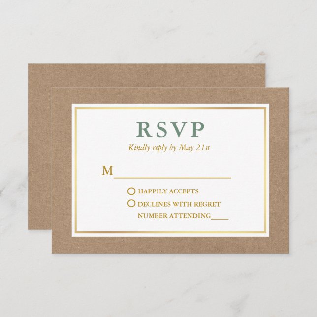 Modern Sage Green White Gold Kraft RSVP Card (Front/Back)