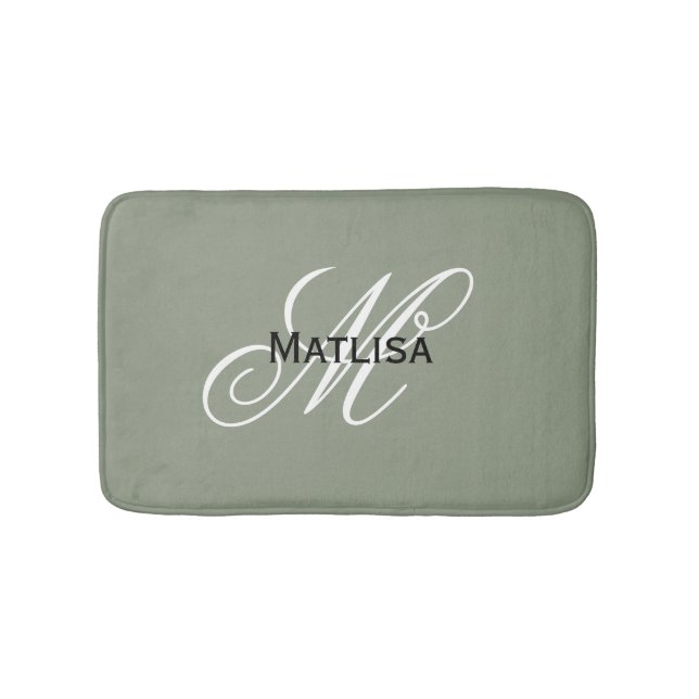 Modern Sage Green & White Monogram Name Initials   Bath Mat (Front)