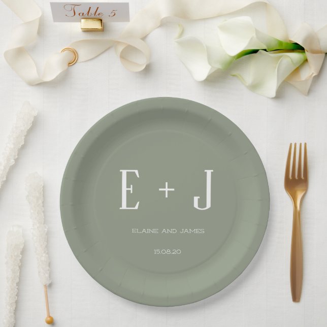 Modern Sage Green & White Monogram Wedding Party Paper Plate (Wedding)