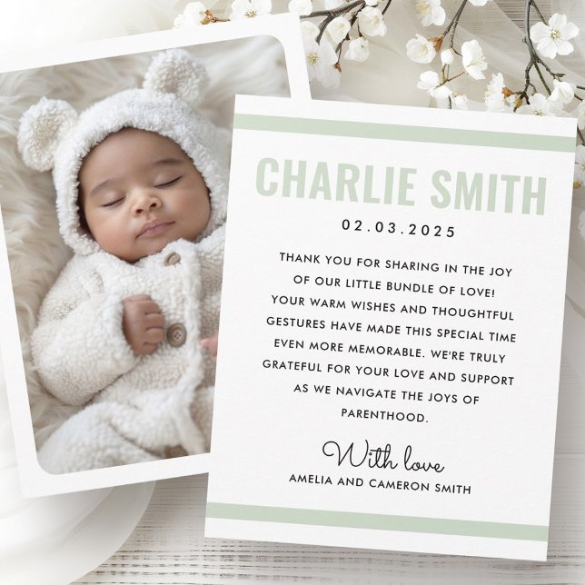 Modern sage green white new baby birth photo  announcement (Modern sage green white new baby birth photo announcement)