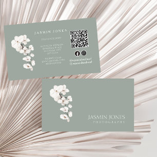 Modern Sage Green White Orchid QR Code Floral Business Card