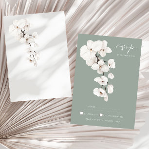 Modern Sage Green White Orchid Wedding RSVP Card